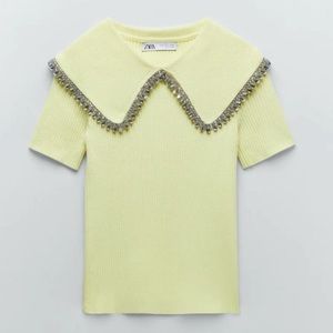 Zara Jewel Knit Top in Lime, M
Short sleeve knit top w/ lapel collar